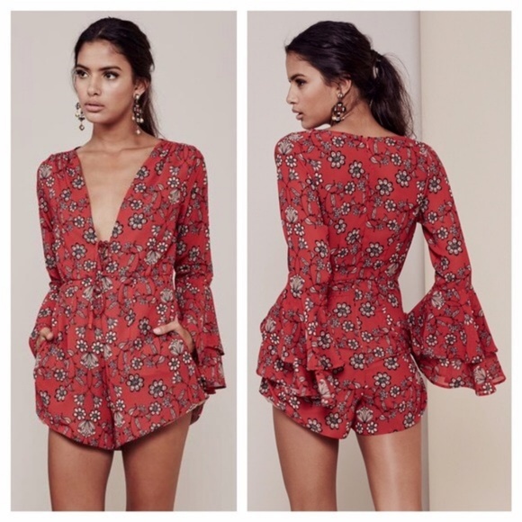 For Love & Lemons Pia Red Floral Romper - Picture 1 of 5